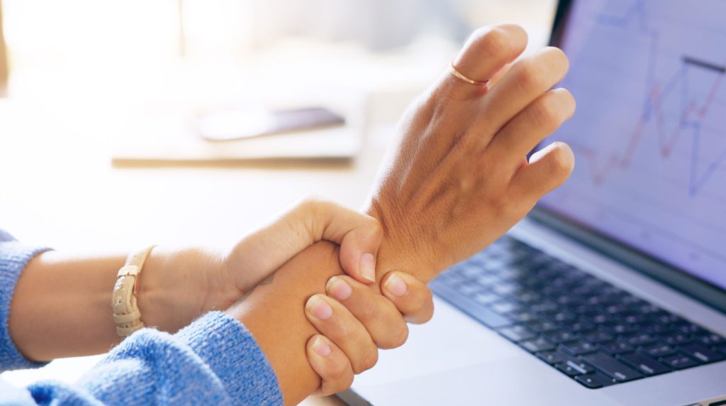 Hands of a woman with carpal tunnel syndrome.